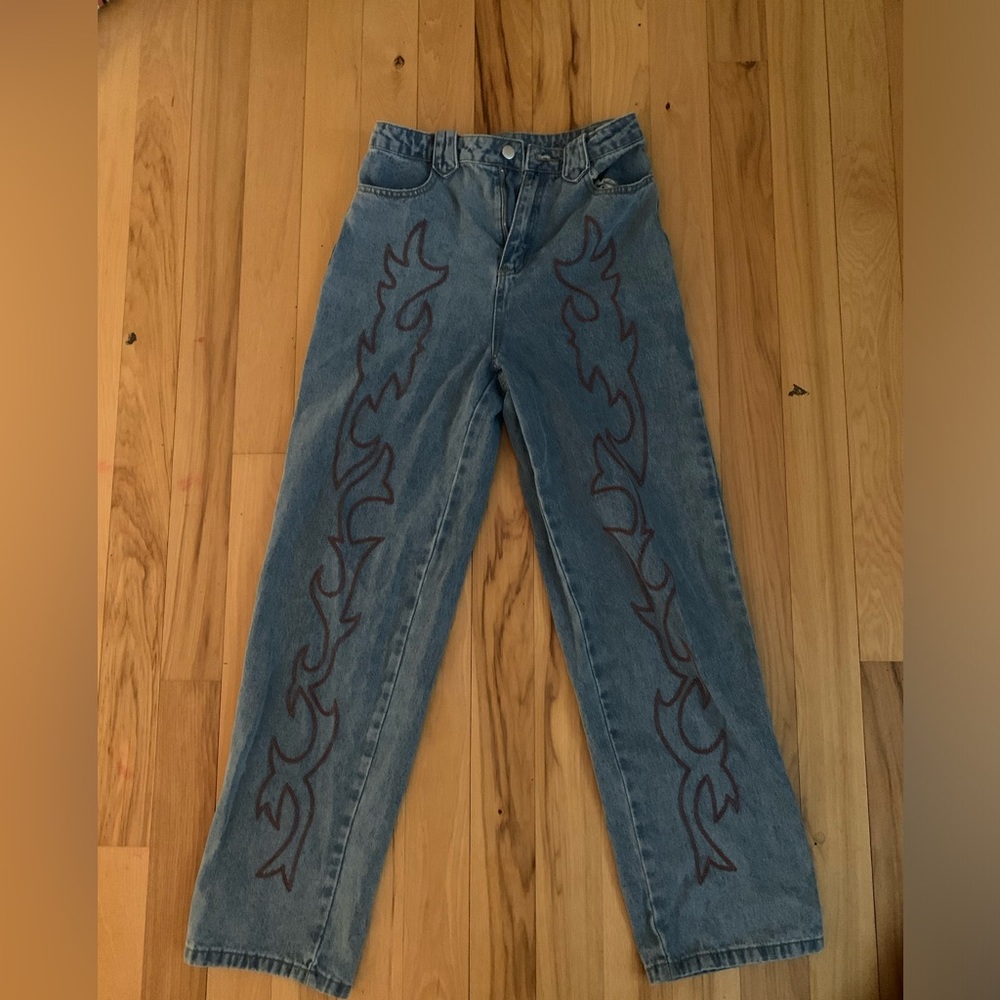 Embroidered flames jeans